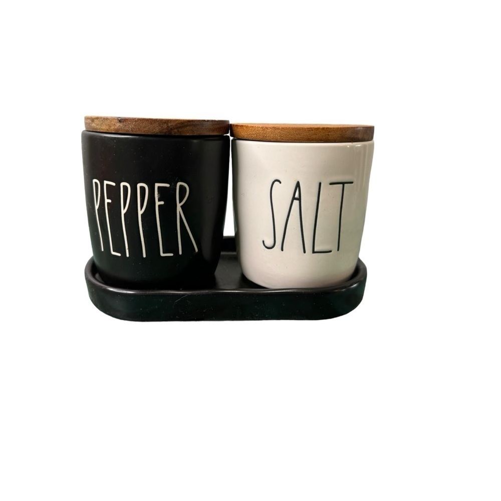 Rae Dunn Black & White Salt Cellars with tray